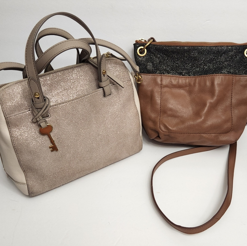 Fossil Satchel Lot 1 Tan Leather/Black Sparkle 1 Ivory/Off White Sparkle
